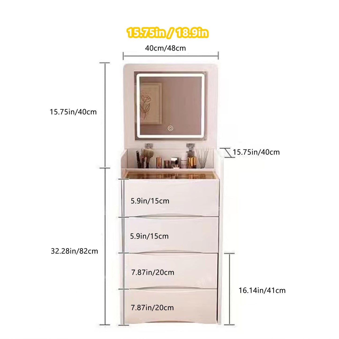 BRALEM Small Makeup Vanity Desk with Mirror and Light, Integrated Corner Vanity Desk, Compact Dressing Table, 3-in-1 Vanity Desk Set with Mirror Light, 3 Drawers, Soft Makeup Stool (15.75in-White)