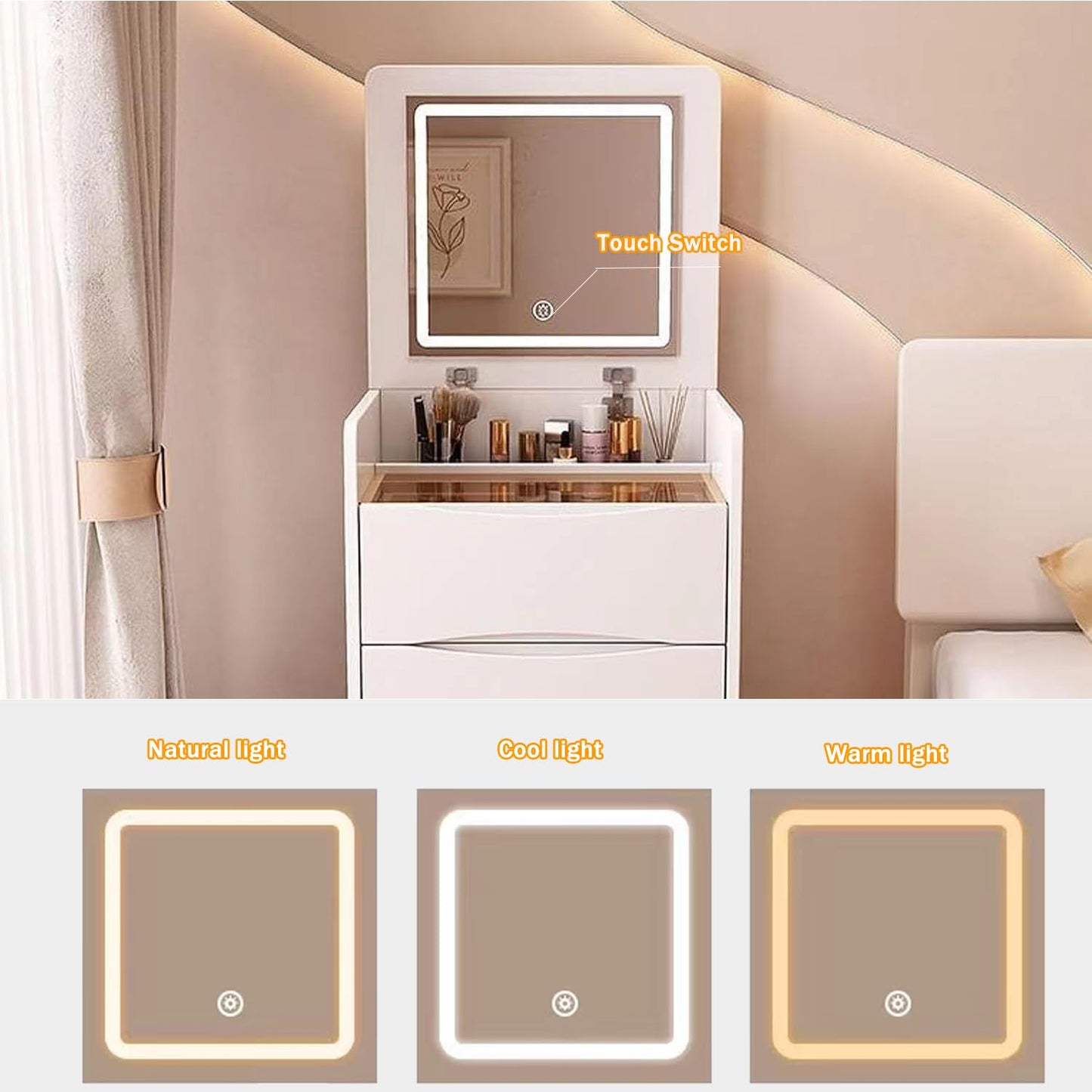 BRALEM Small Makeup Vanity Desk with Mirror and Light, Integrated Corner Vanity Desk, Compact Dressing Table, 3-in-1 Vanity Desk Set with Mirror Light, 3 Drawers, Soft Makeup Stool (15.75in-White)