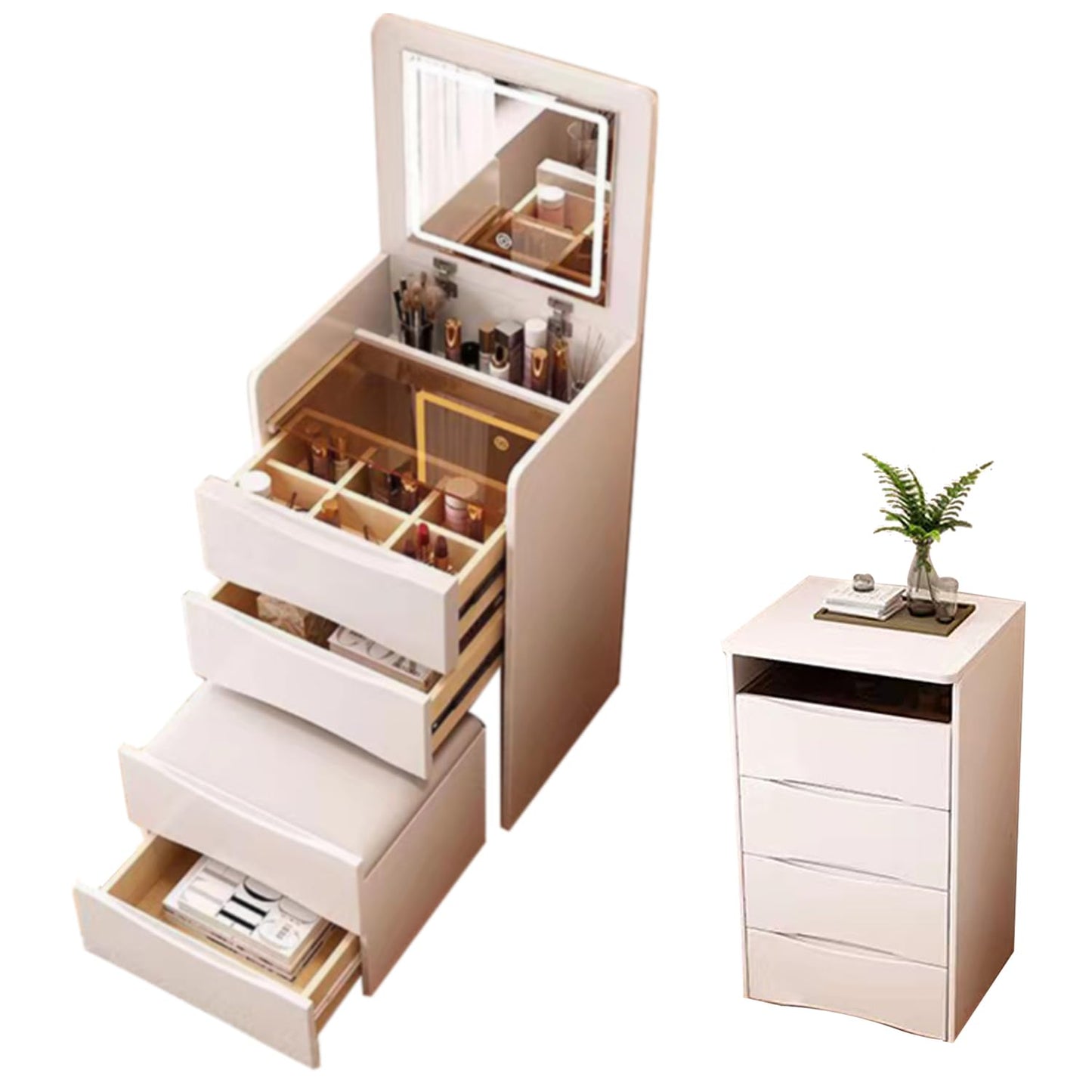 BRALEM Small Makeup Vanity Desk with Mirror and Light, Integrated Corner Vanity Desk, Compact Dressing Table, 3-in-1 Vanity Desk Set with Mirror Light, 3 Drawers, Soft Makeup Stool (15.75in-White)