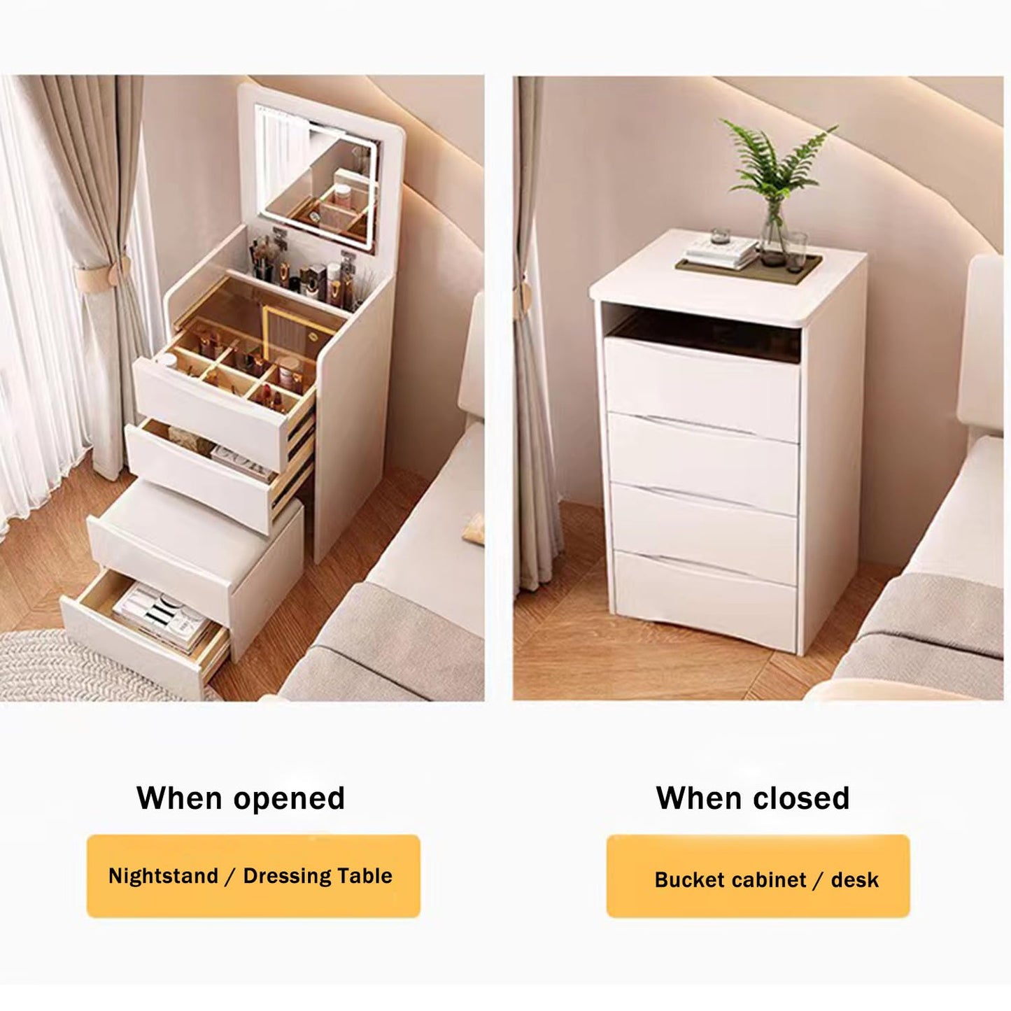 BRALEM Small Makeup Vanity Desk with Mirror and Light, Integrated Corner Vanity Desk, Compact Dressing Table, 3-in-1 Vanity Desk Set with Mirror Light, 3 Drawers, Soft Makeup Stool (15.75in-White)