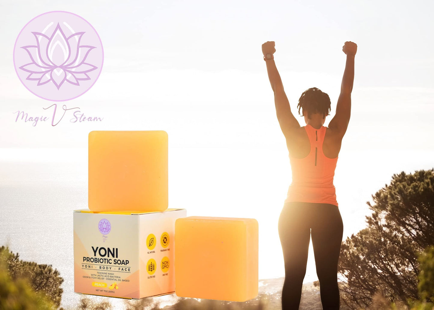 Magic V Steam Probiotic 2 Yoni Soap Bars Feminine Wash and Vaginal Wash Vaginal Odor Eliminator PH Balanced with Peach Essential Oils for Yoni & Body for Woman. For Sensitive Skin, Organic Soap