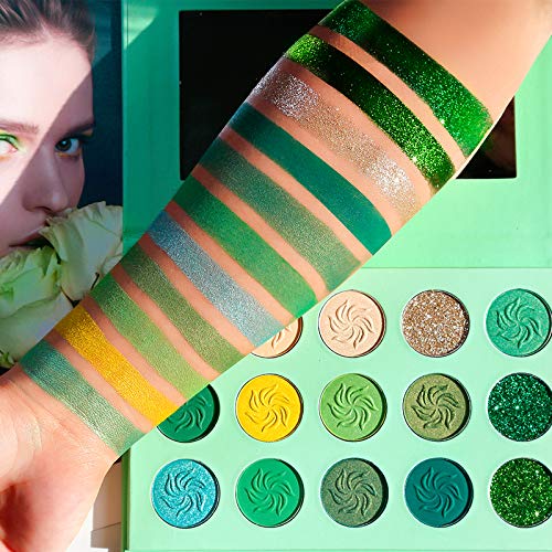 DE'LANCI Avocado Green Eyeshadow Palette 15 Colors, Highly Pigmented Wear Cruelty Free Nude Yellow Emerald Green Eye Shadow Pallet
