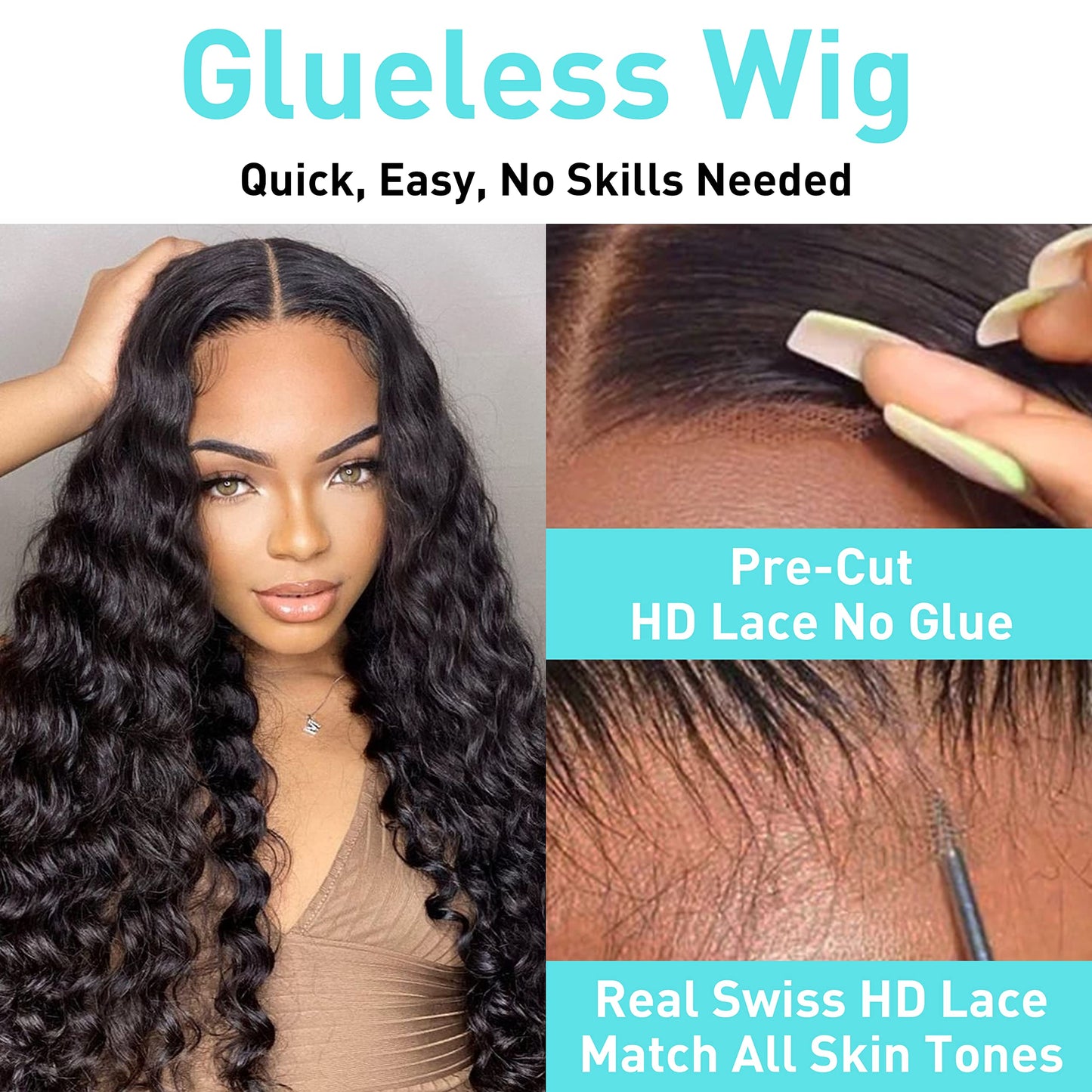 MENTOR Glueless Wigs Human Hair Deep Wave Wear and Go Wig for Beginner Pre Plucked Pre Cut Lace Front Wigs 6x4 HD Ready to Wear Lace Closure Wig 200% Density 22 inch