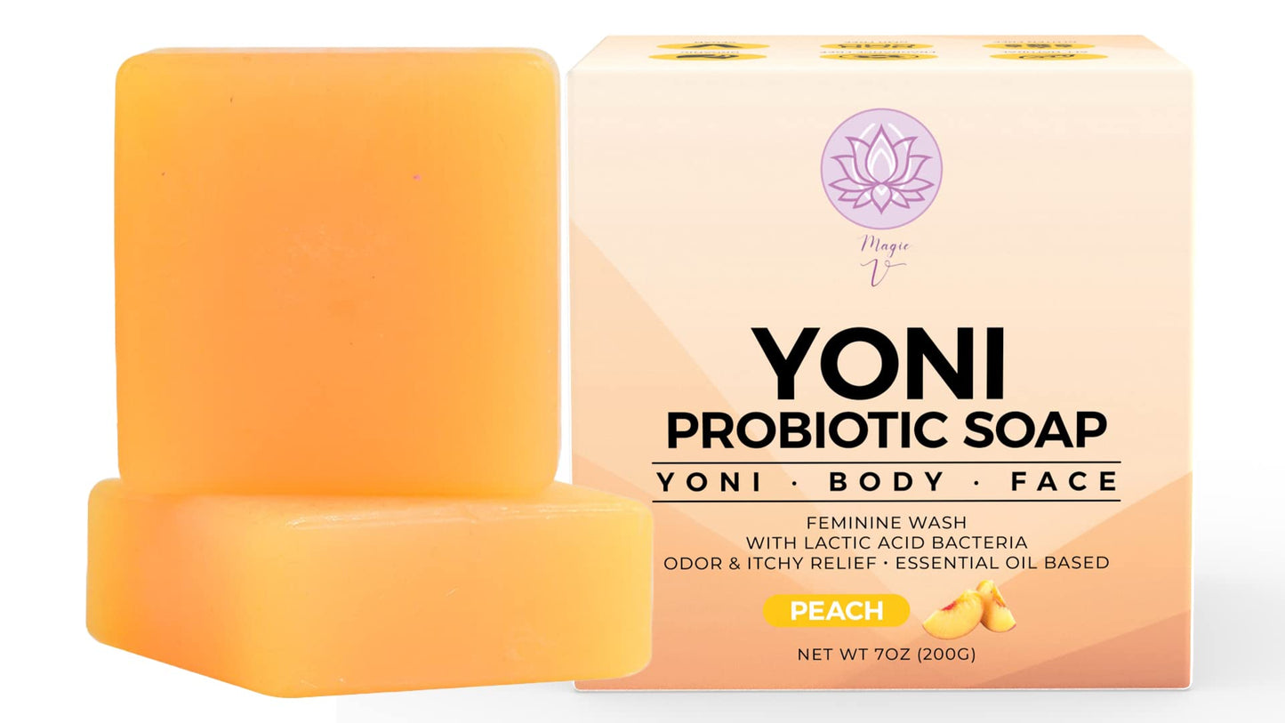 Magic V Steam Probiotic 2 Yoni Soap Bars Feminine Wash and Vaginal Wash Vaginal Odor Eliminator PH Balanced with Peach Essential Oils for Yoni & Body for Woman. For Sensitive Skin, Organic Soap