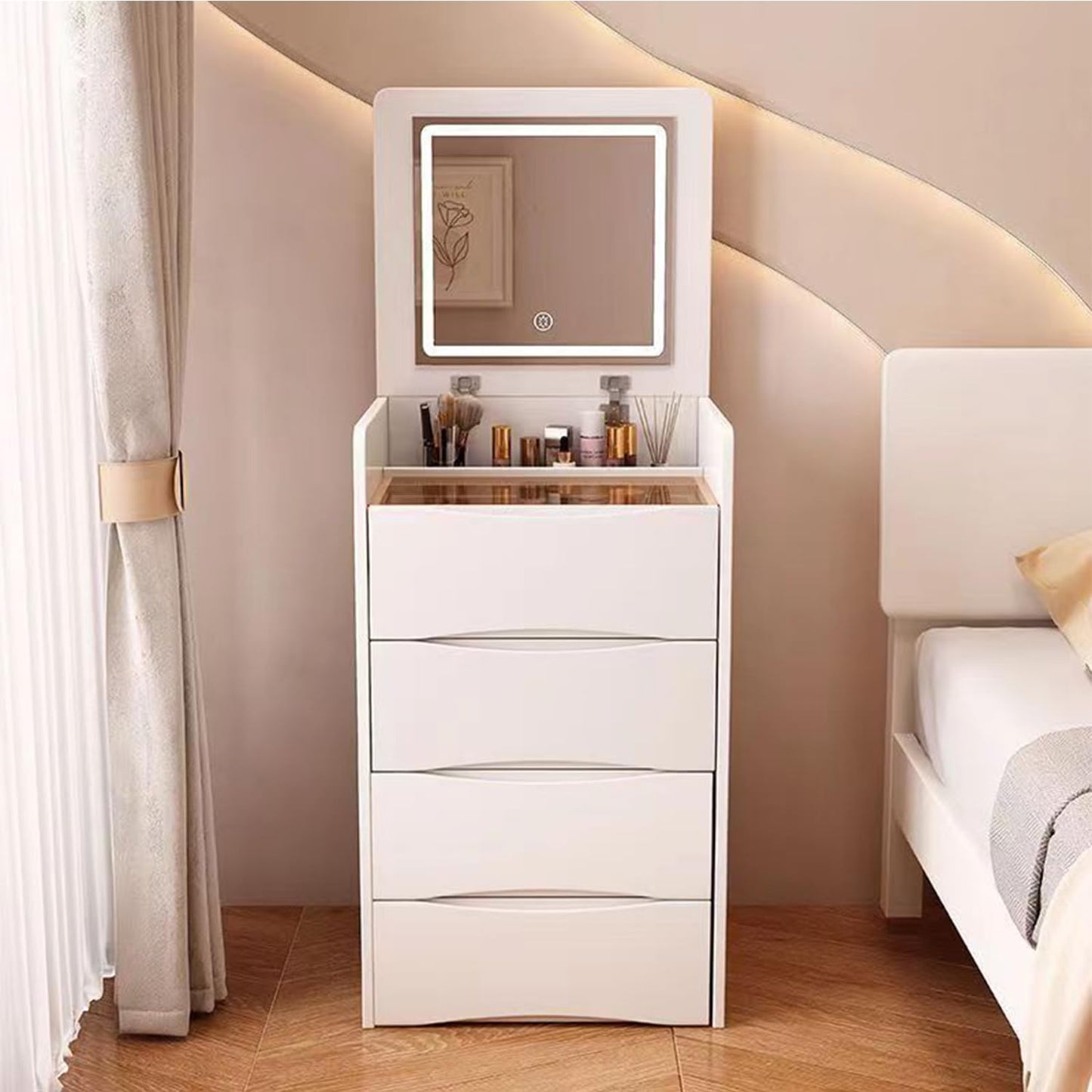 BRALEM Small Makeup Vanity Desk with Mirror and Light, Integrated Corner Vanity Desk, Compact Dressing Table, 3-in-1 Vanity Desk Set with Mirror Light, 3 Drawers, Soft Makeup Stool (15.75in-White)